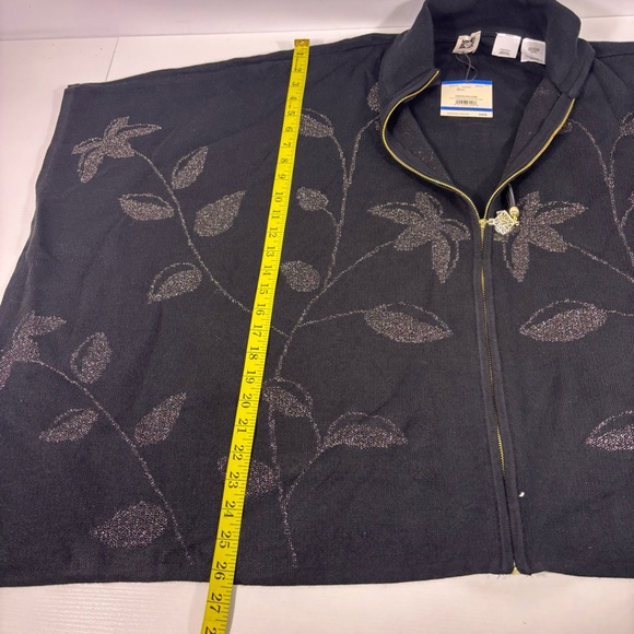 NWT Anne Klein Black Knit Poncho Full Zip Sweater Gold Palm Trees Size XL - Picture 7 of 7